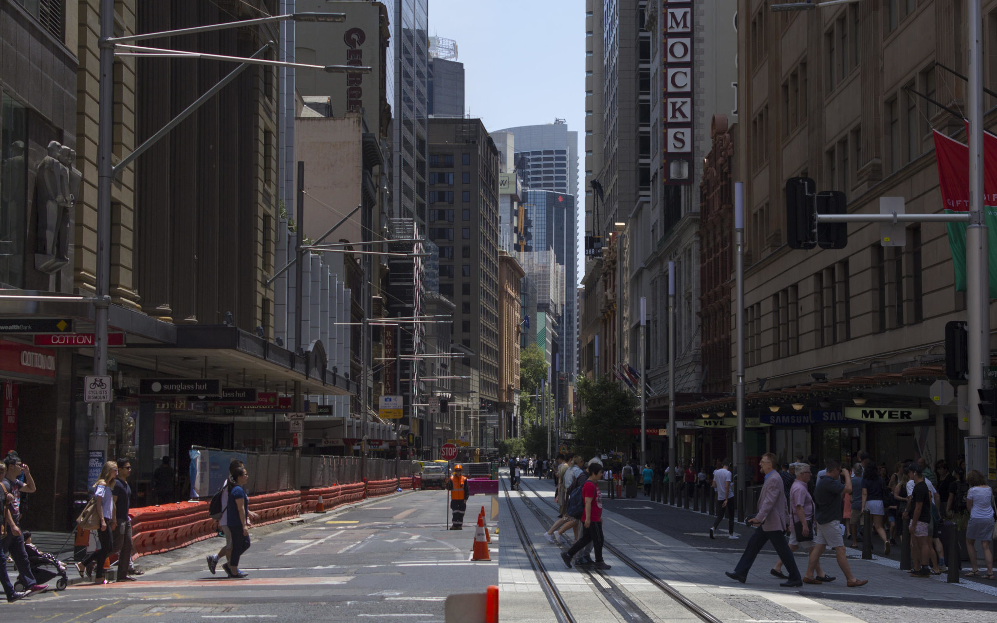 George St & Market St, 2016-11-20 and 2019-12-20 - same time of day, roughly same time of year, equivalent focal length. Unedited except to match sky colour. Photos by Jake Coppinger. Photo of George St & Market St, before and after the construction of the George St light rail.
